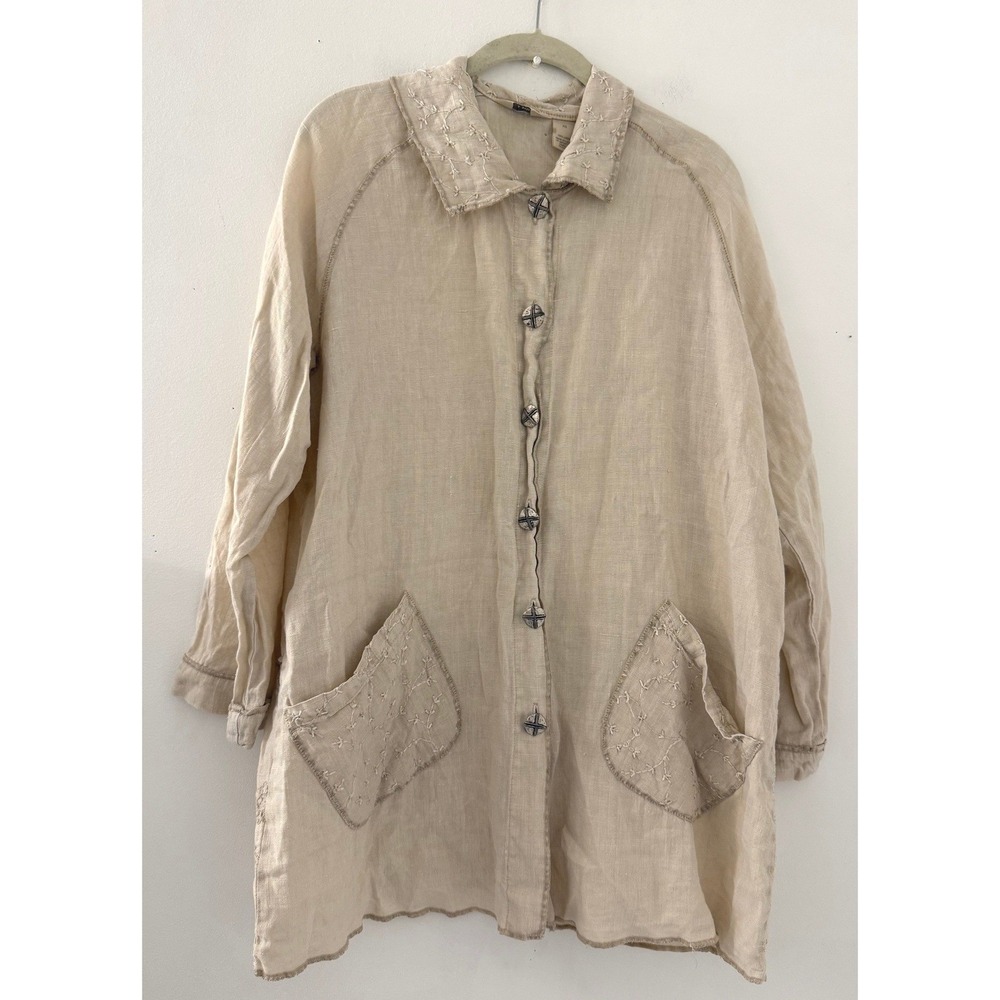 J. Jill 100% Linen Embroidered Tunic Jacket Beige XS Lagenlook Boho Button Down